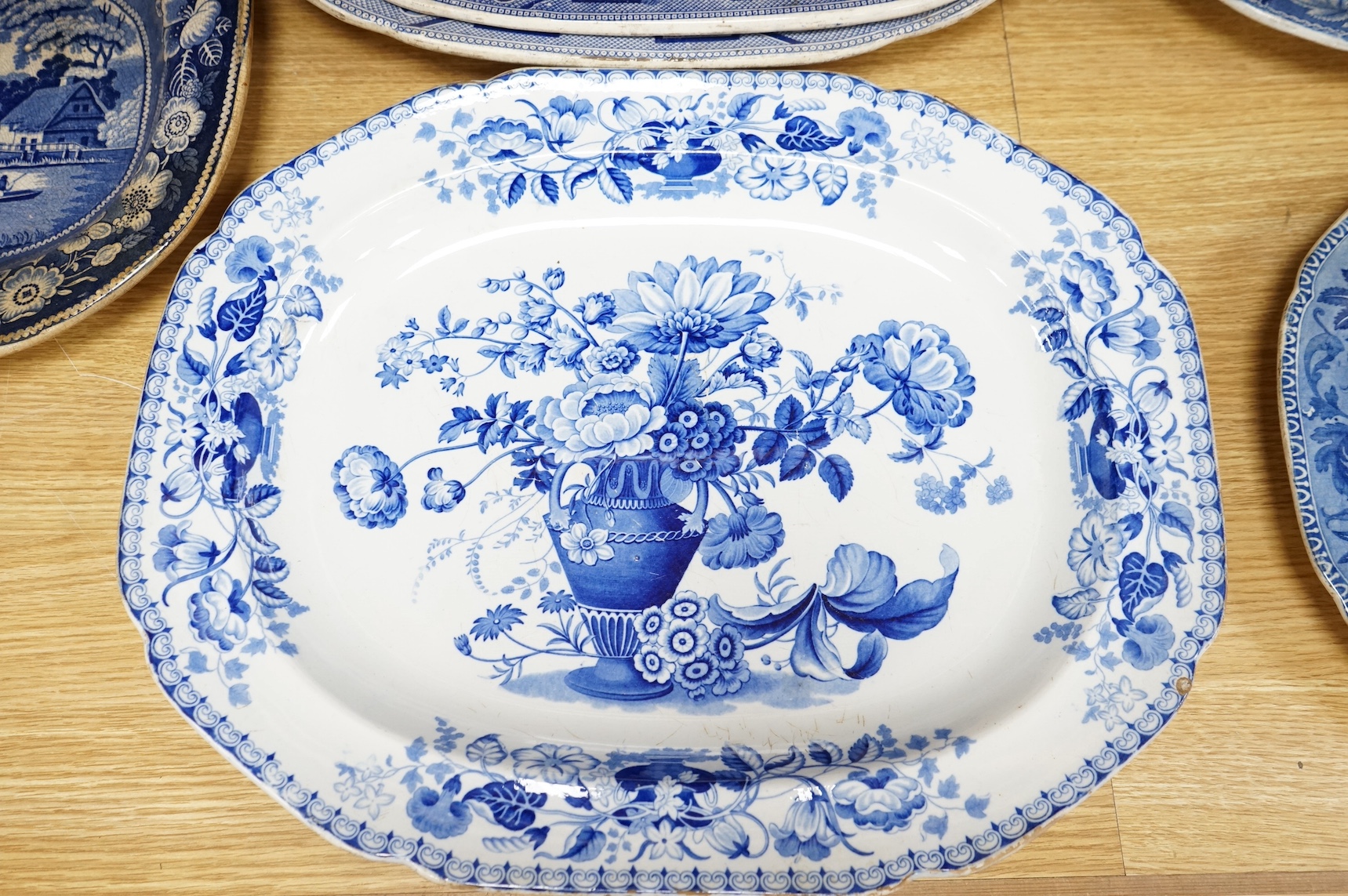 Six 19th century blue and white stoneware meat dishes to include Roger’s Staffordshire zebra pattern, largest 50cm wide. Condition - varies
